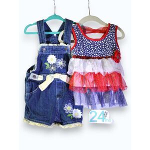 24 mo Summer casual fun lot, overall shorts, 4 of July top, Little Lass